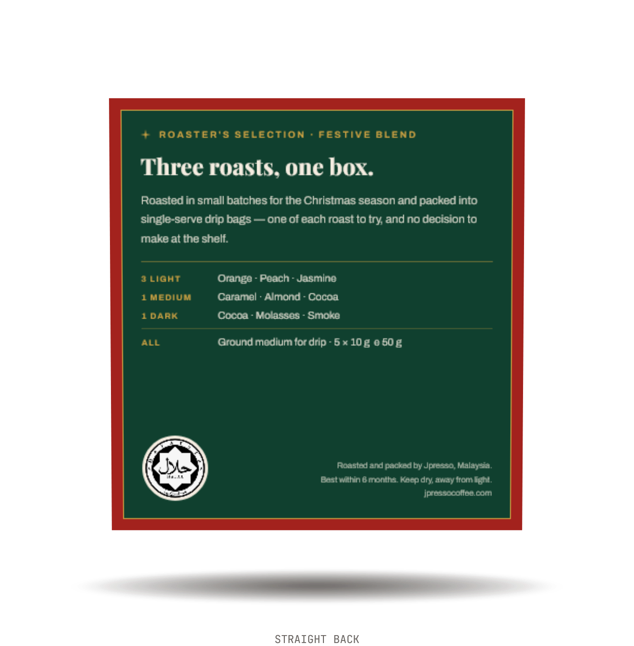 Christmas Season Festival box, back panel showing the roast breakdown