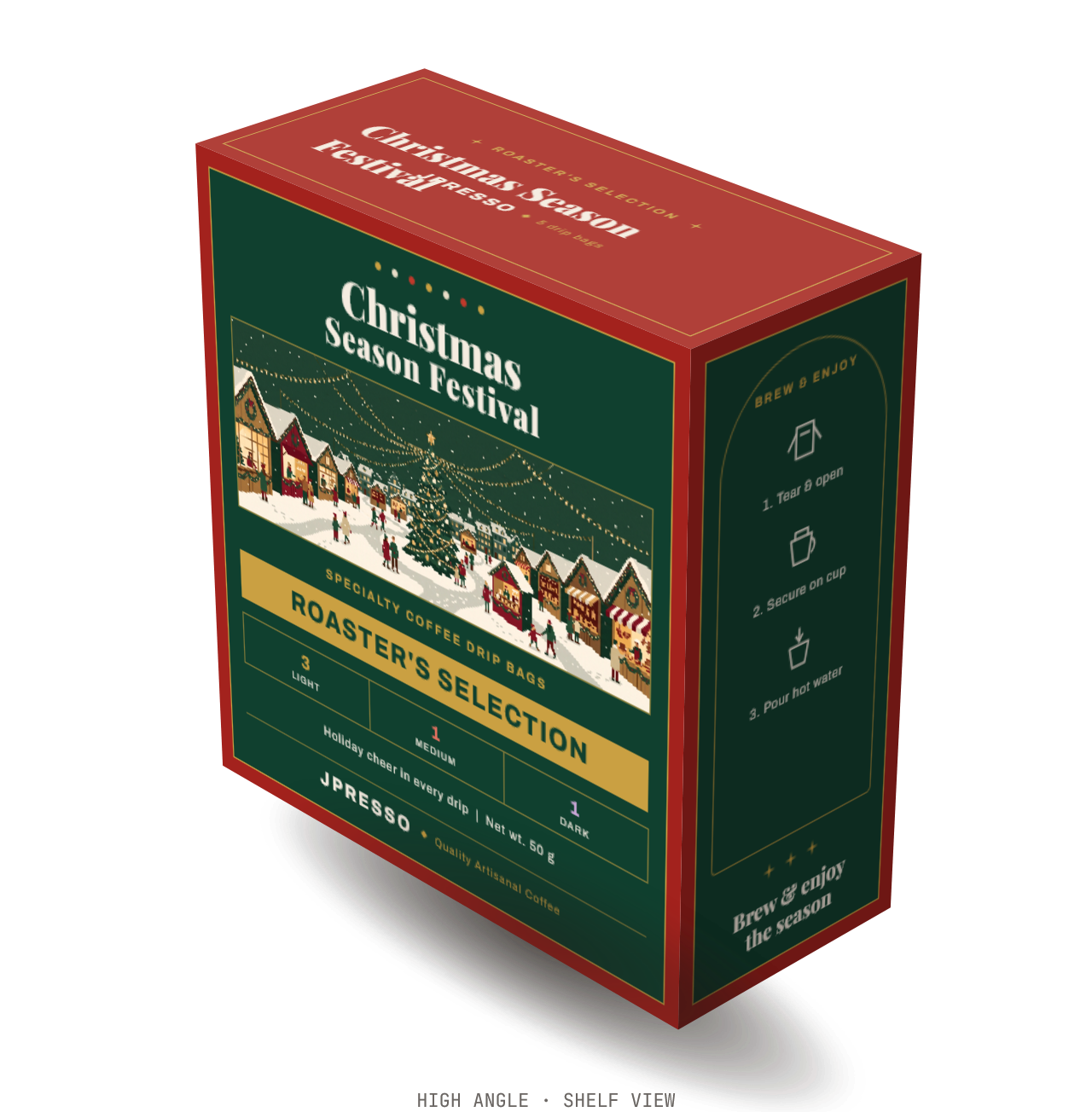 Christmas Season Festival box, high angle shelf view